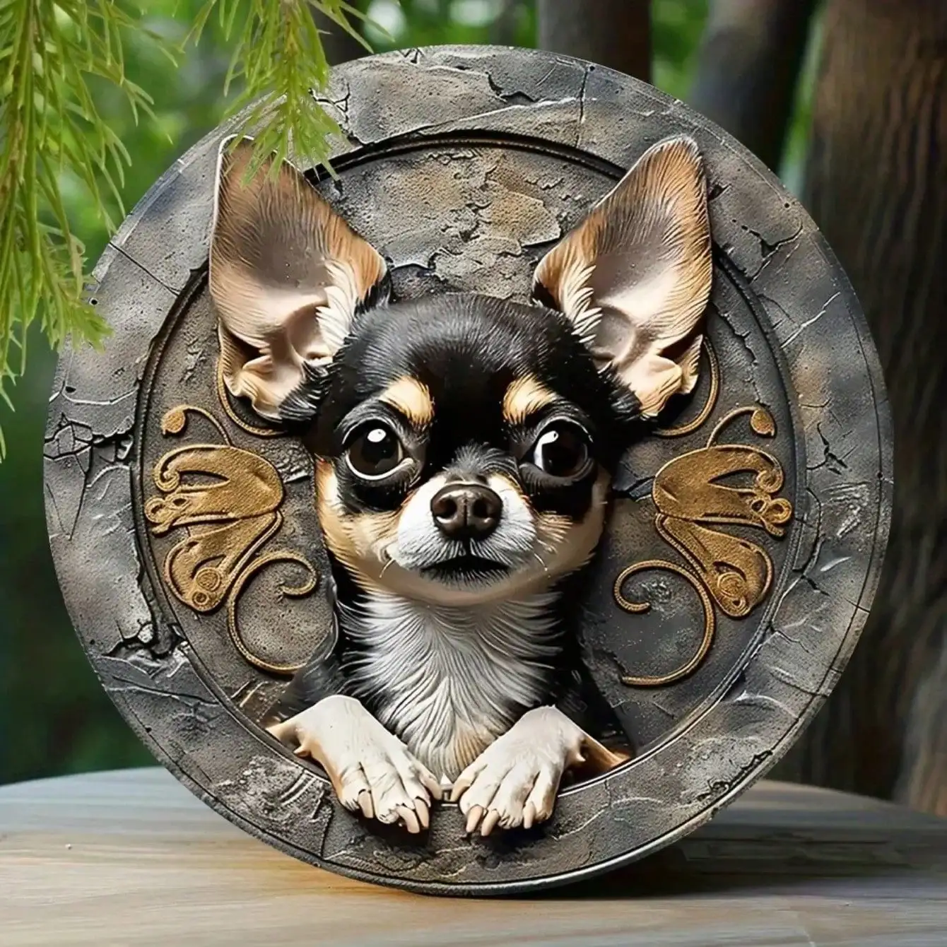 Cute Chihuahua Dog Portrait with Big Eyes and Floppy Ears on Vintage Ornate Background High-Definition Metal Tin Sign – 2D Flat