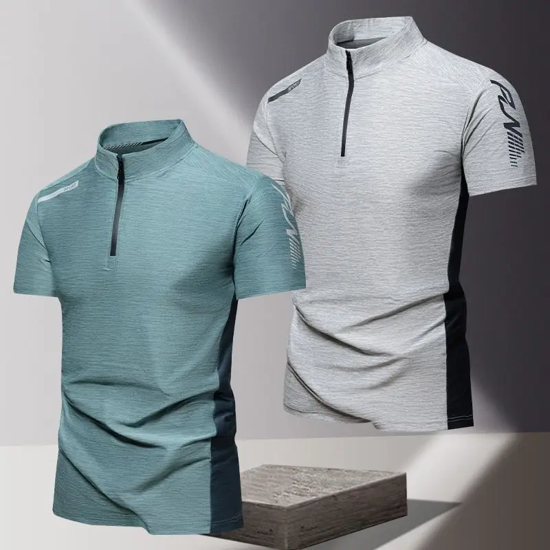 New Fashion Ice Silk Quick Dry Men's Stand-up Collar T-shirt Short-sleeved Sports Fitness Summer Running Polo Shirt Half Zipper