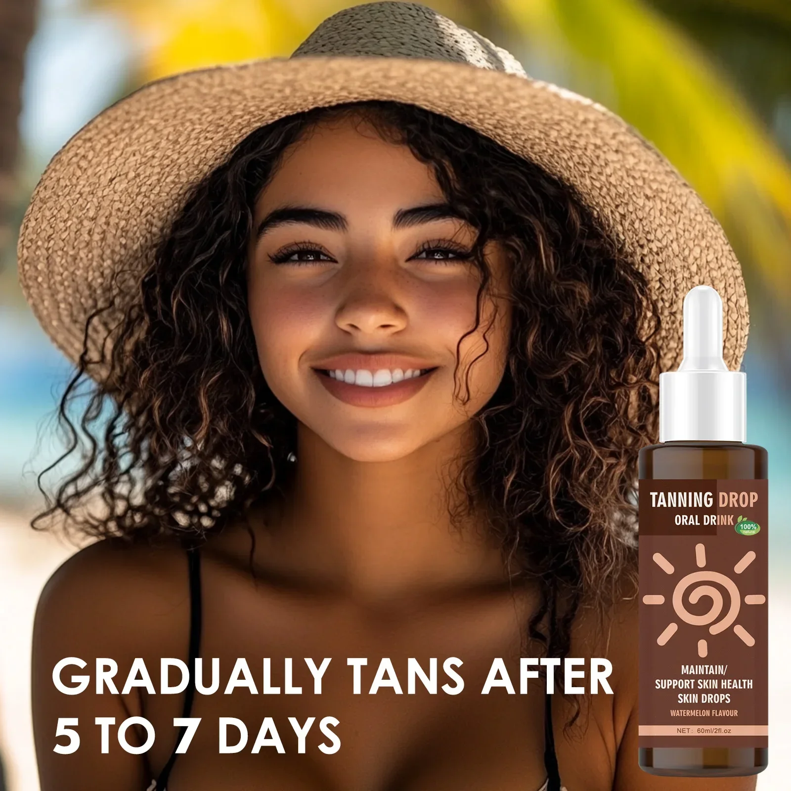 Vegan Sugar-Free Tanning Drink 60ml Natural Oral Drops Watermelon Flavor Sun-Kissed Glow Boost from Within Skin Care