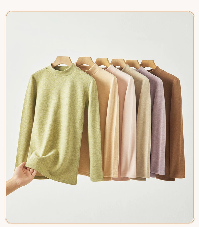 Damen-Thermo-Unterwäsche aus Kaschmirseide, Thermoshirts, warme Hosen, verdickte, einfarbige, halbrollkragenartige Oberteile, langärmlige Winterkleidung. – Detail 4
