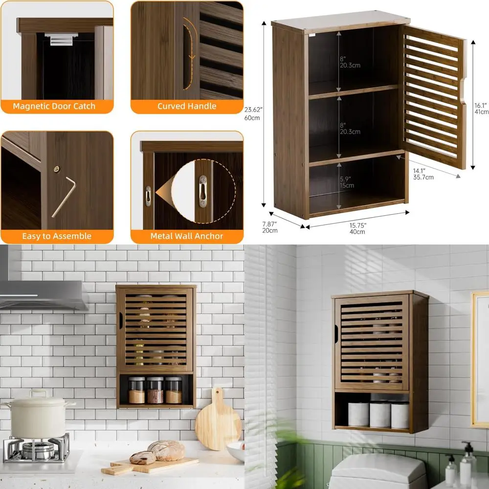 

Over-the-Toilet Wall-Mounted Cabinet with Adjustable Shelf and Single Door, Walnut Finish