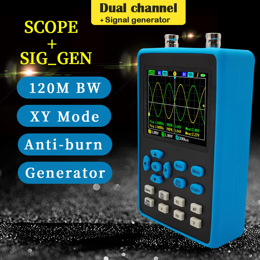 DSO2512G 2.8 Inch Oscilloscope Portable 120M Bandwidth Portable Handheld Dual Channel Signal Generator Home Appliance Tools