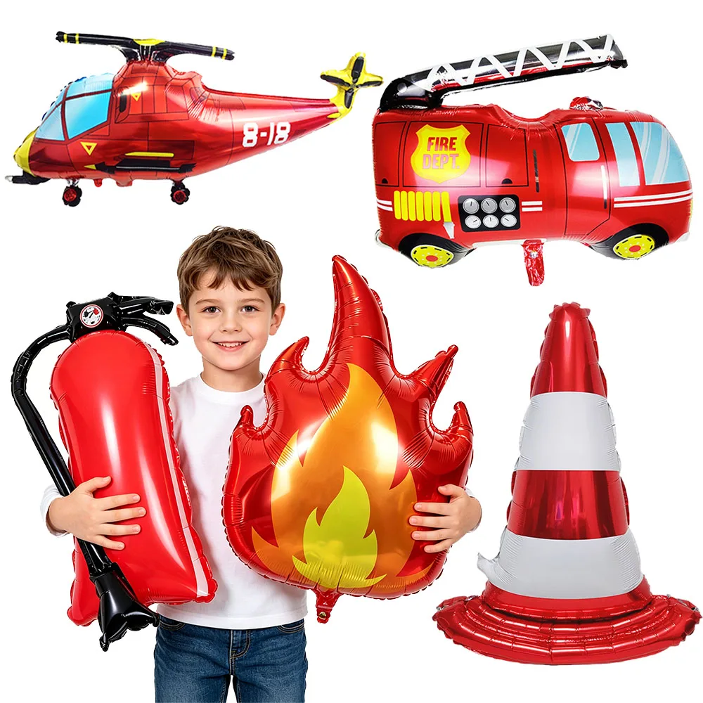 Feuerwehr-Thema Cartoon Feuerwehrauto Feuerwehrflugzeug Sicherheitskegel Feuerlöscher Folienballon Kinder Geburtstagsparty Deko Kindergeschenk – Detail 1