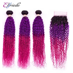 Elfriede #T1B/Purple/Rose Red Kinky Curly Ombre Color Hair Bundles with Closure Human Hair Wefts 3 Bundles with Lace Closure 4x4