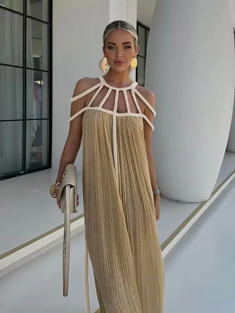 

Leosoxs Summer Elegant Off Shoulder Maxi Dress Women Sexy Lace Up Backless Loose Beach Dress Party Outfits Cover-Ups Beachwear