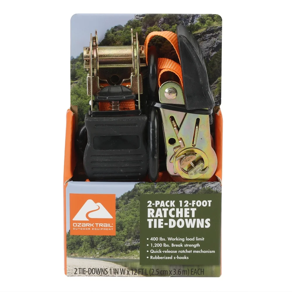 Ratchet Tie Down Straps 1 Inch X 12 Feet 400 Pound Capacity 2 Pack with Corrosion Resistant Hooks Adjustable Trailers Boats Cars