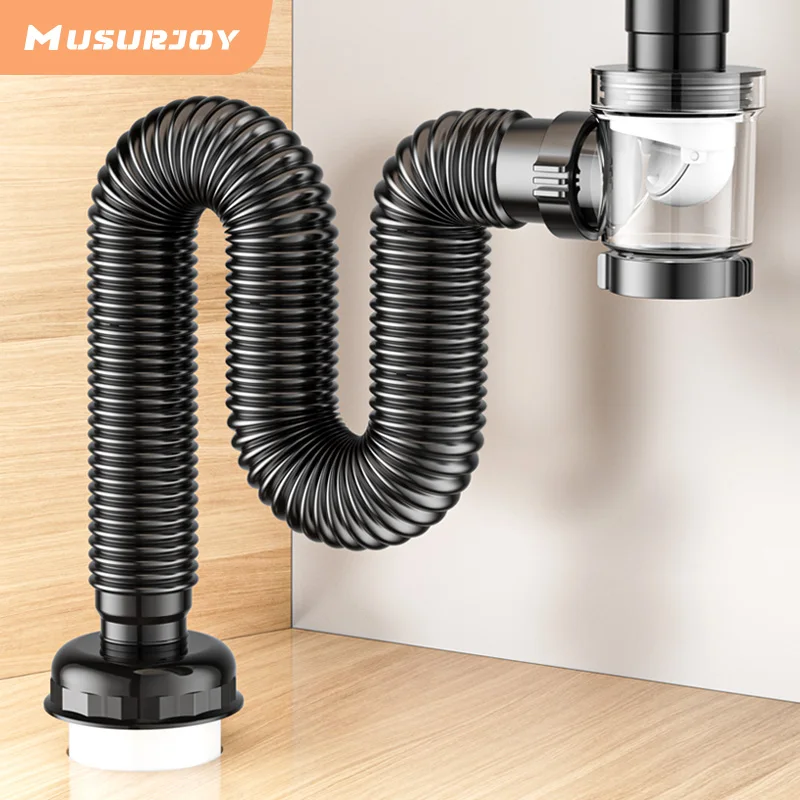 Musurjoy Flexible Sink Drain, Universal Anti-Odour Plumbing Hose, Plastic, for Basin Sink Drainage