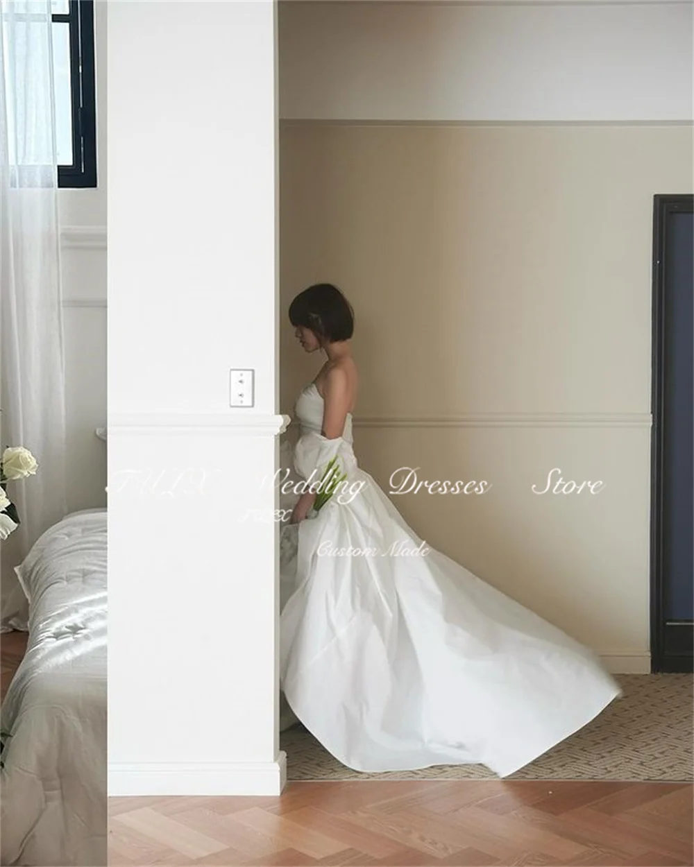 TULX Simple A-ligne Manches Bouffantes Corée Mariage Séance Photo Chérie Taffetas Longue Robe De Mariée Corset Retour Dende Commande 2025