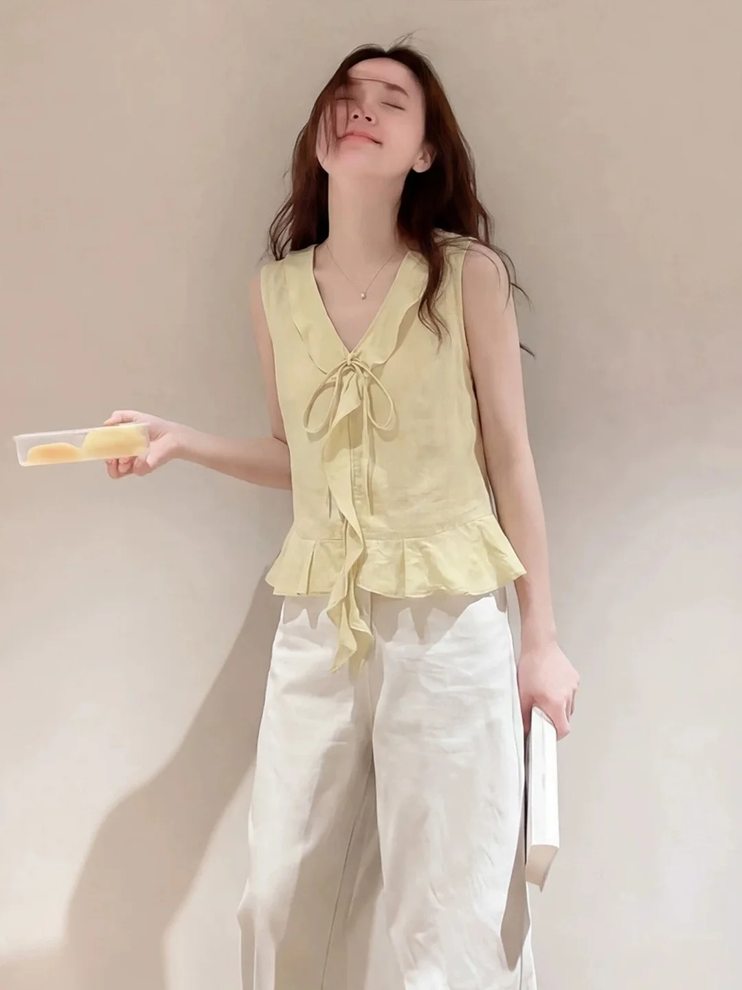 Summer Commute Style Women's Vest 2026 V-Neck Sleeveless Belted Flounce Hem Straight Cut Korean Fashion Large Size Top
