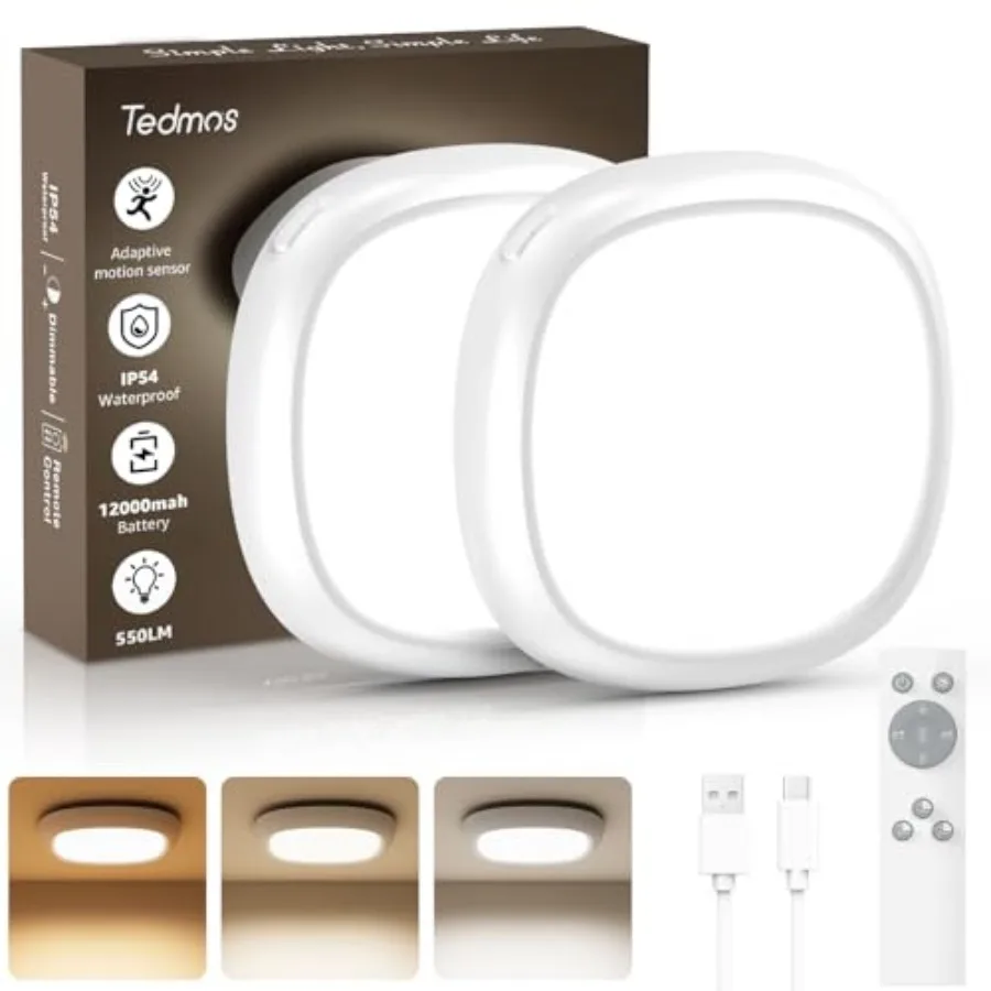 

Перезаряжаемые светильники для душа 000 мАч с датчиком движения, беспроводной потолочный светильник с пультом ДУ, без проводки, на батарейках