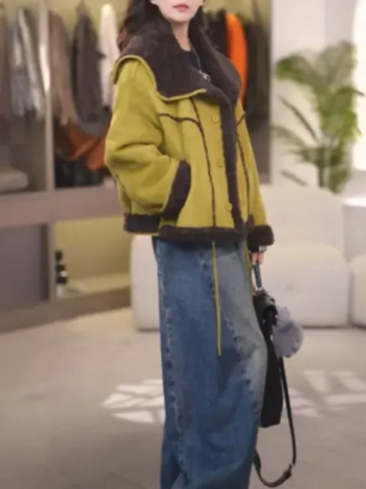 

Повседневная женская куртка из овечьей шерсти, свободного кроя, приталенная, с цветными вставками, дышащая, с длинными рукавами и молнией