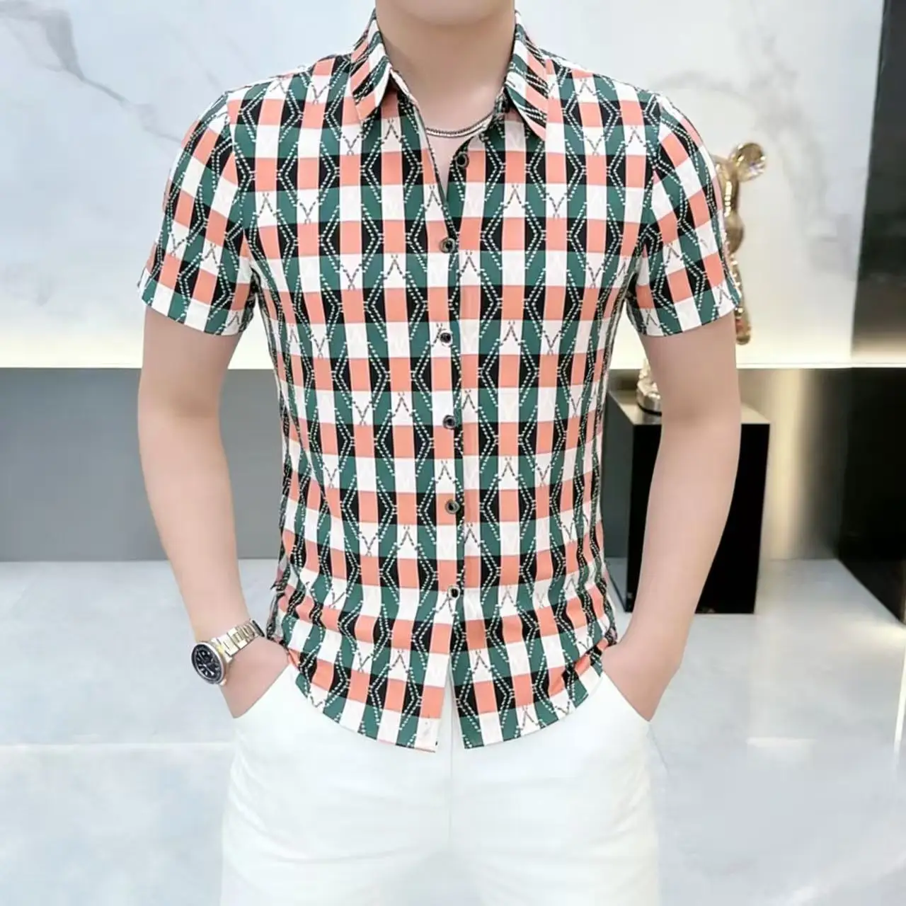 Green Striped Print Classy Shirts For Men Short Sleeve Slim Fit Summer Quality Coolness Anti-Wrinkle Exquisite Camisas De Hombre