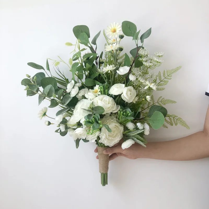 

Artificial Flowers Wedding Bridal Bouquet White Silk Rose and Green Leaves Wedding Bouquets For Bride Handmade Buque De Noiva