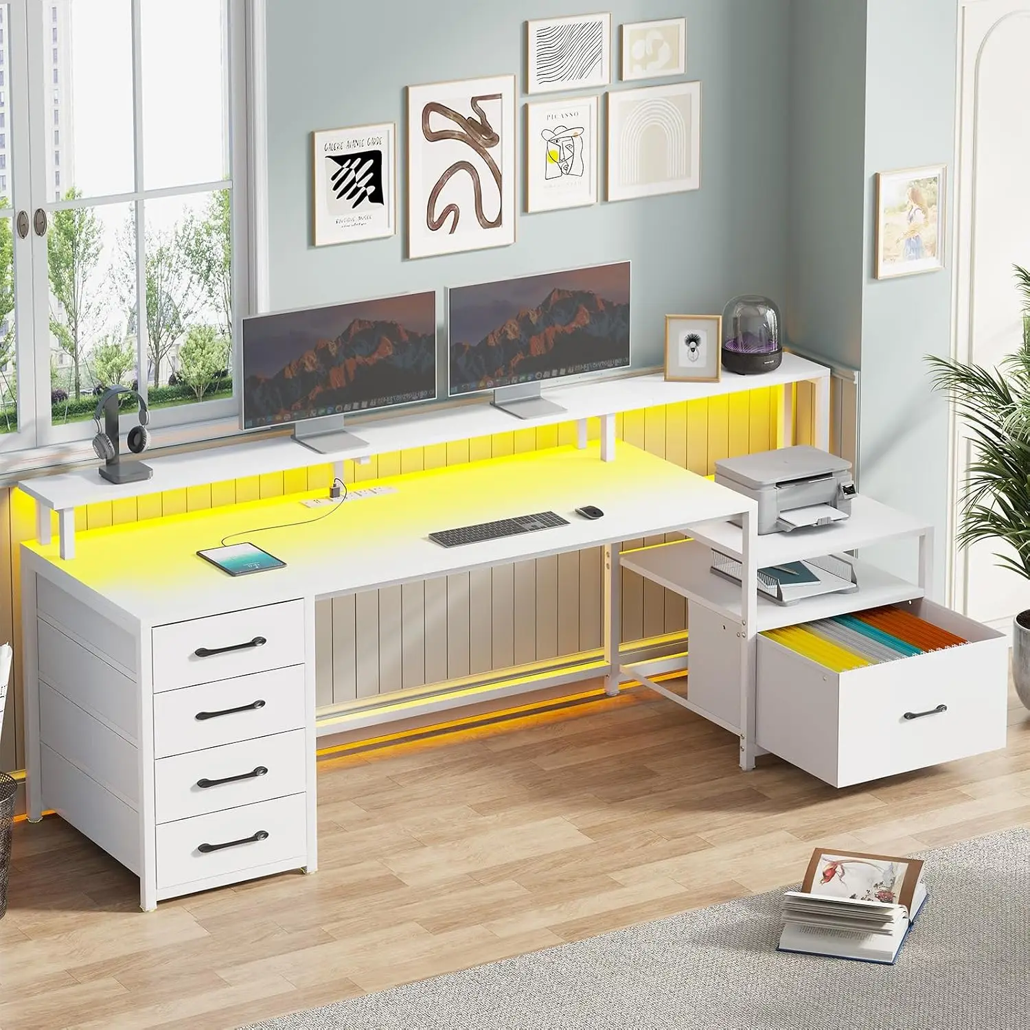 Computer Desk with 5 Drawer, Power Outlet, Led Lights, White