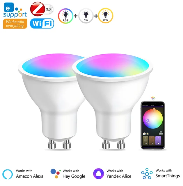 Żarówka LED GU10 Zigbee/Wi-Fi RGB CW WW Reflektory Inteligentna Lampa LED Współpracuje z Alexa Echo Hub Google Yandex Smartthings