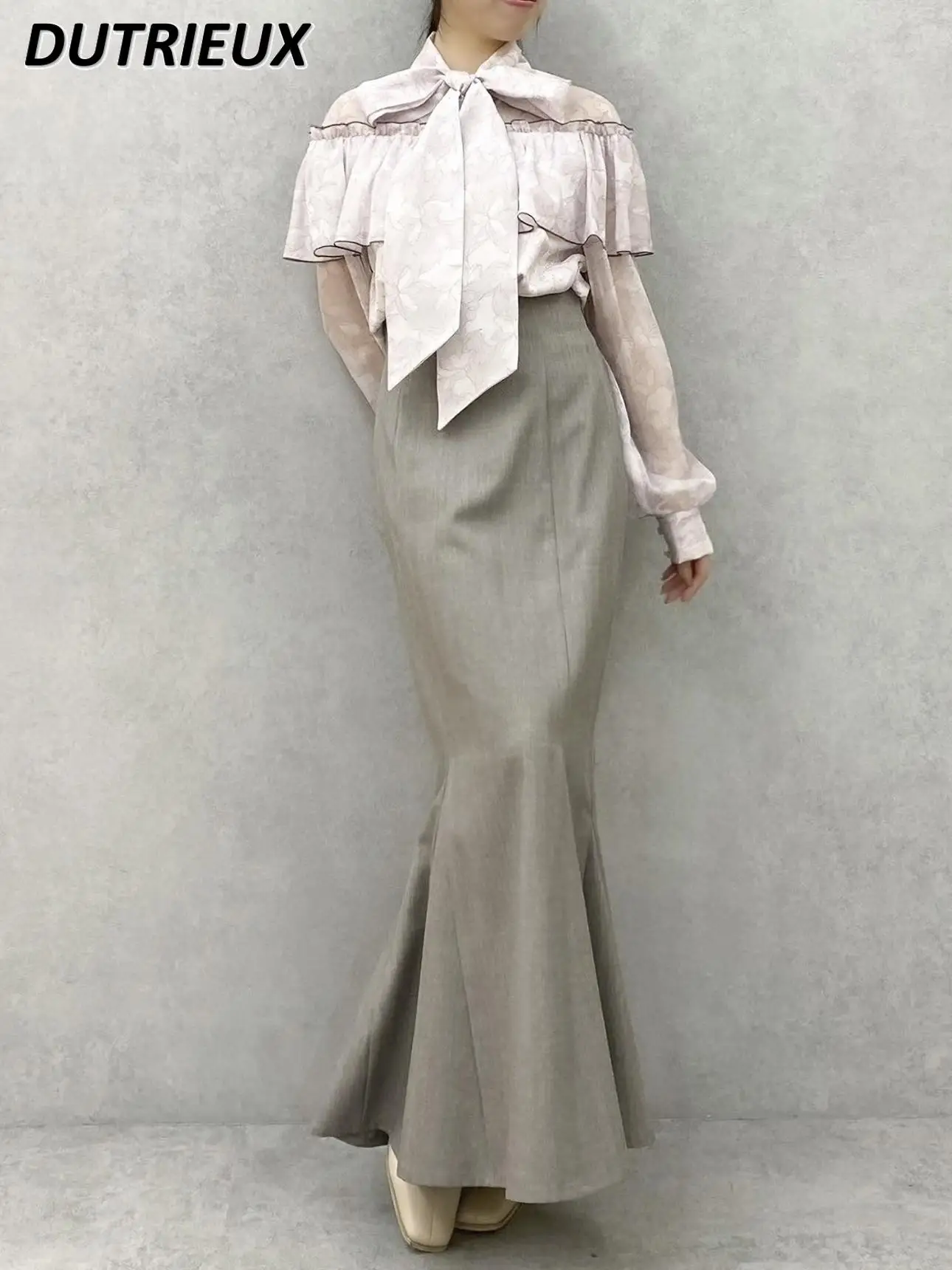 일본 봄, 가을 새로운 달콤한 연꽃 잎 가장자리 인쇄 레이스 업 셔츠 귀여운 소녀 다목적 긴팔 탑 Camisas