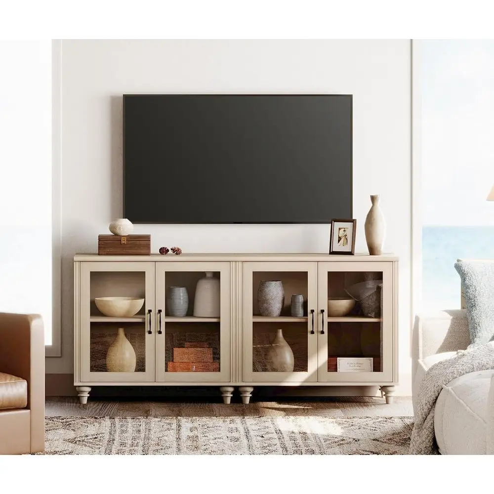 

75 Inch TV Stand with Glass Doors and Wooden Cabinets, Beige Entertainment Center for Living Room and Bedroom