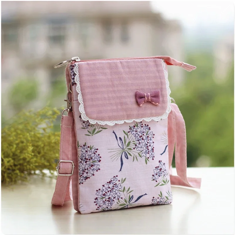 Flower Cotton Small Mobile Phone Bag for Women Female Casual Mini Crossbody Shoulder Canvas Light Messenger Bag for Student Girl