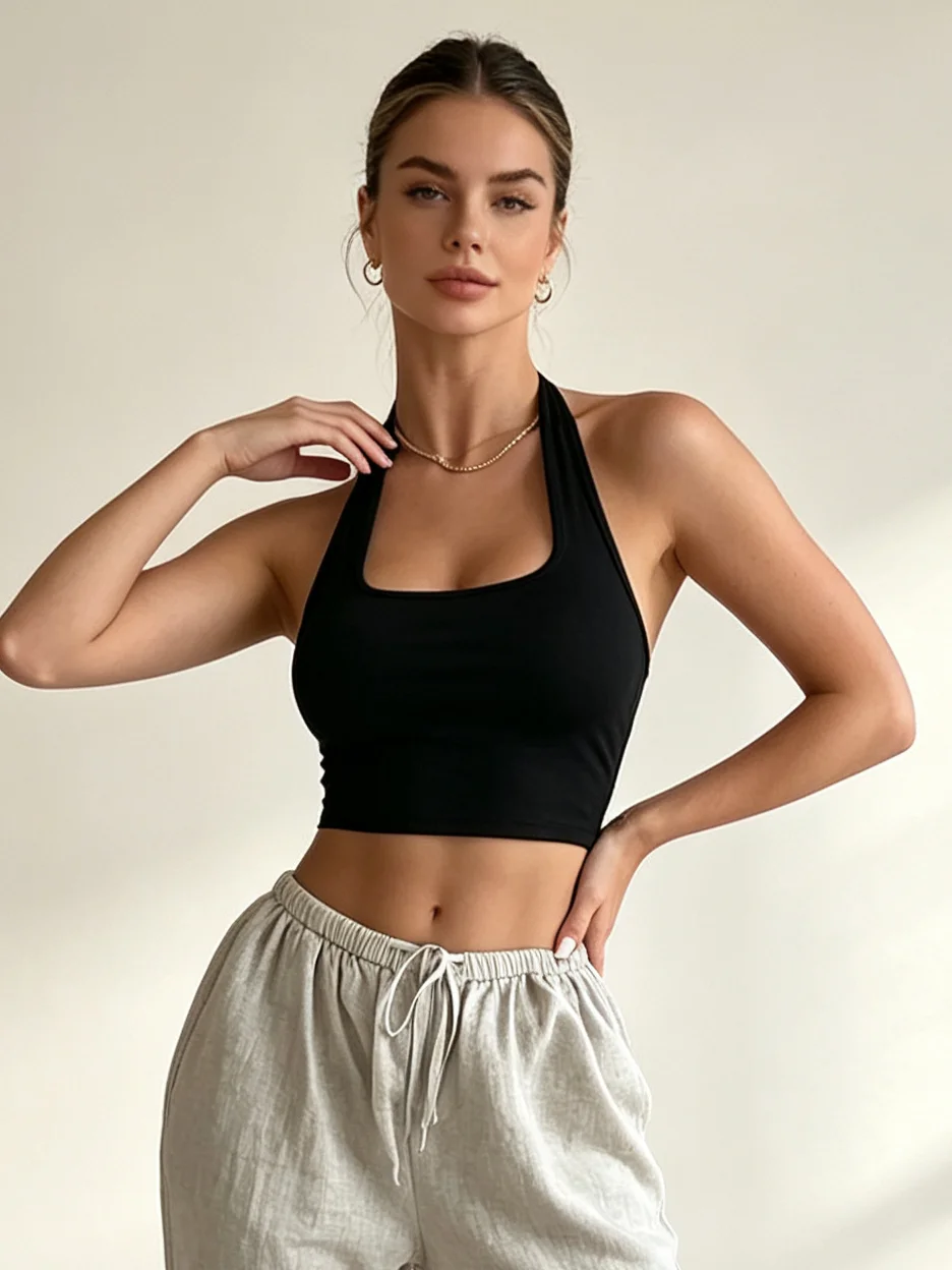 Summer Casual Sexy Backless Vest Top Sleeveless Hanging Neck Comfortable Solid Color Elegant Fashionable Women's Summer Top