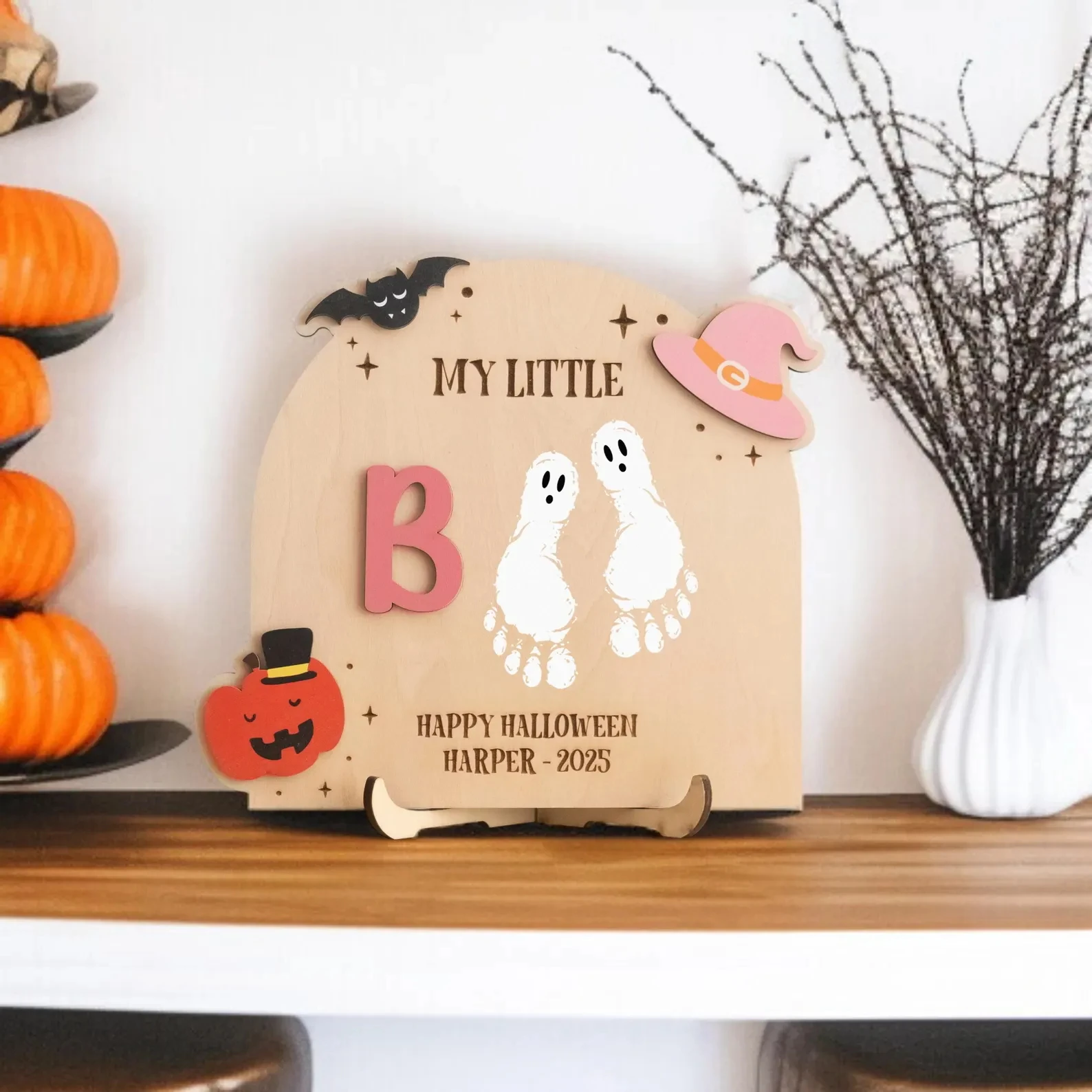My Little Boo Baby Footprint Halloween Sign – Gepersonaliseerd houten aandenkencadeau voor eerste Halloween