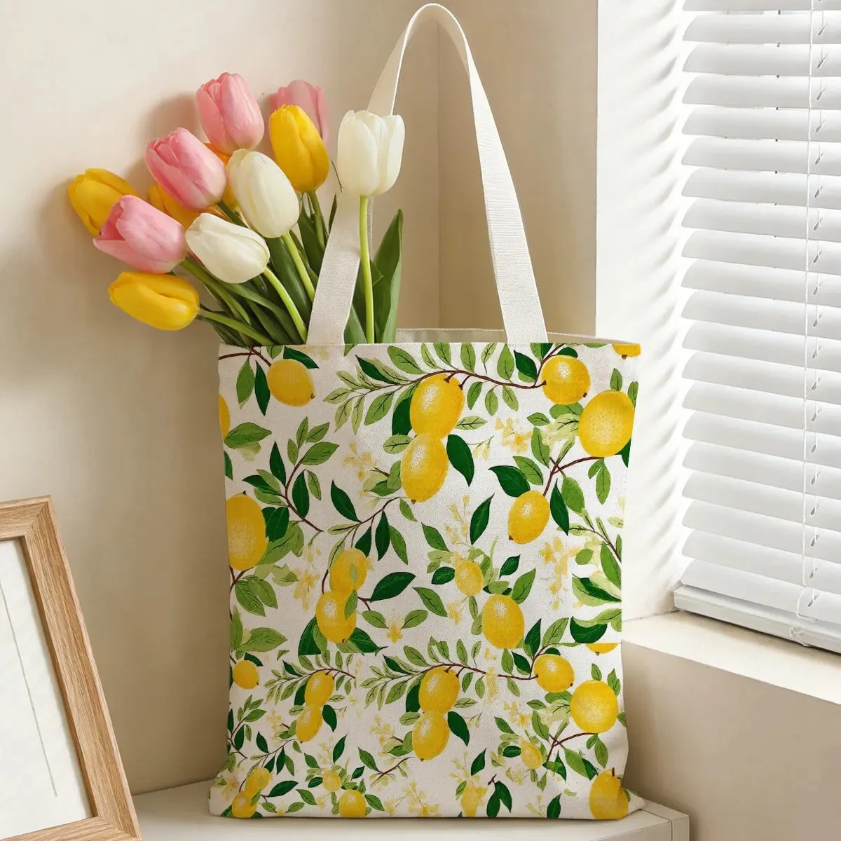Summer Lemon Canvas Tote Bag Watercolor Fruit Print Reusable Grocery Bag Aesthetic Shoulder Bag For Beach & Shopping