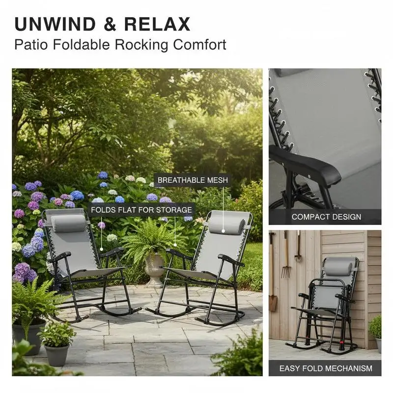 2pc Patio Foldable Rocking Chair Set w/ Breathable Mesh Seat & Backrest, Headrest for Park, Backyard, Garden, Grey