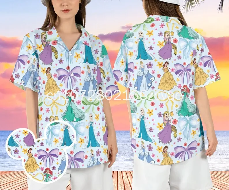 Camisa hawaiana de princesa Disney para hombres, mujeres y niños, camisas de manga corta, camisas hawaianas de Disney, camisa de playa, novedad de verano