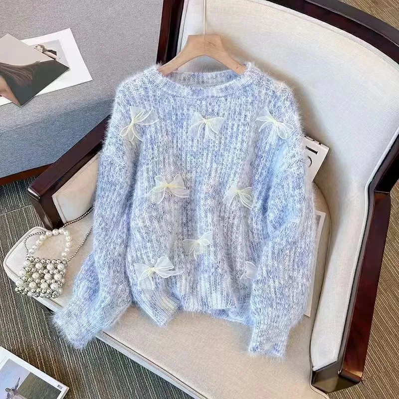 Dzianinowy sweter z długim rękawem i kokardą dla kobiet Gorąca wyprzedaż Leniwy sweter Jesień Zima Pullover Jumper Trend Luźne topy Słodki płaszcz Szykowny