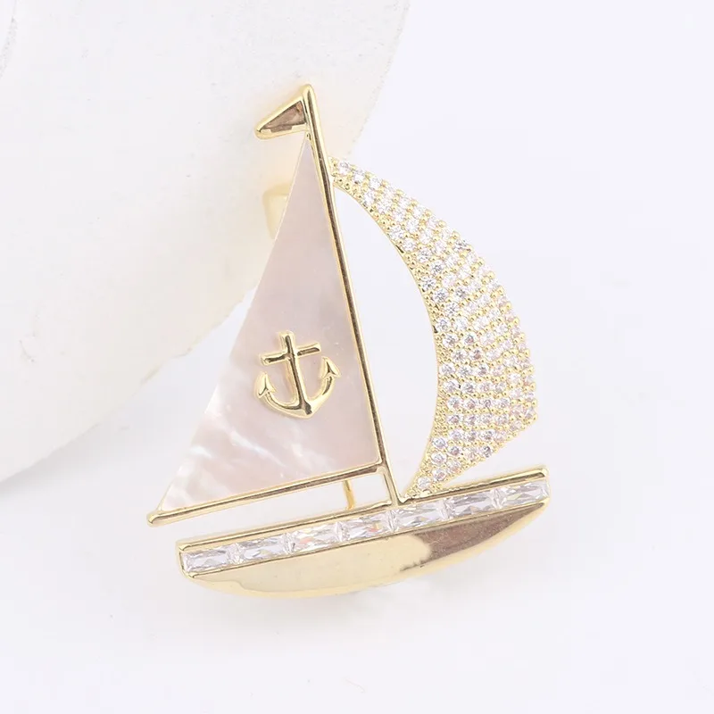 Korean Fashion Suit Decoration Mother Shell Zircon Inlaid Senior Pin Smooth Sailing Creative Design Sailing Brooch