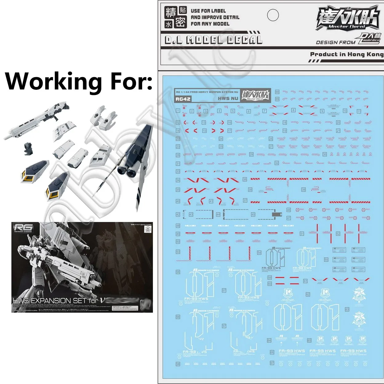 for RG 1/144 HWS Expansion Set of RX-93 Nu V D.L Model  Master Water Slide pre-Cut Caution Warning Detail Decal Stickers RG42 DL