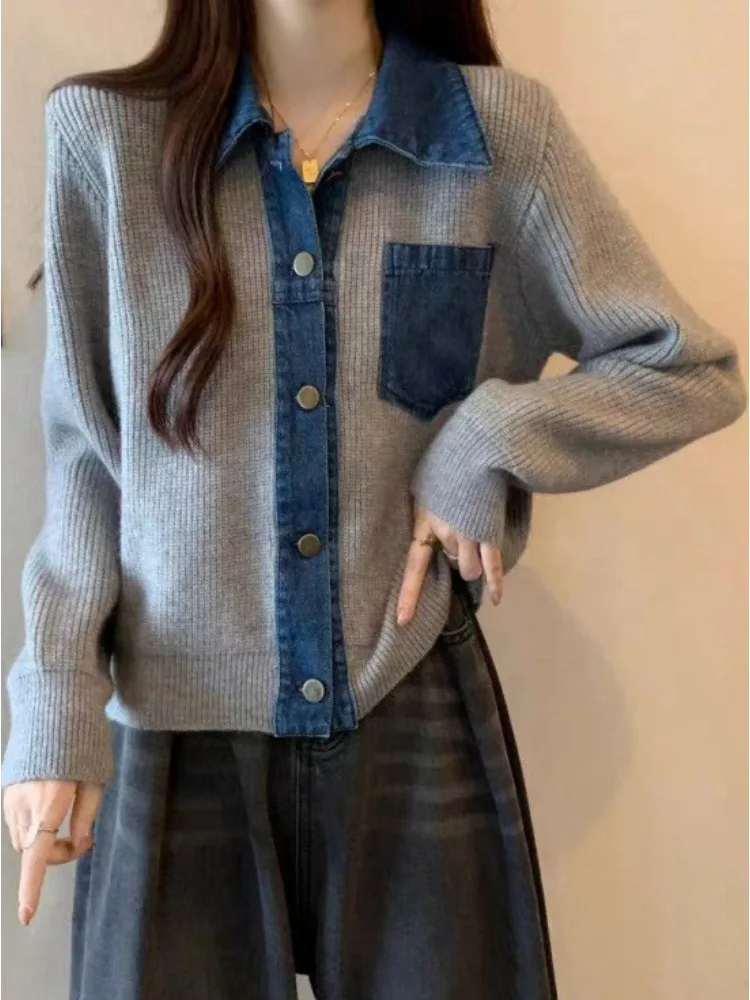 Patchwork Denim Knitted Cardigan Women Polo Collar Sweater Cardigan Female Long Sleeved Knitted Loose Cardigan Autumn Winter