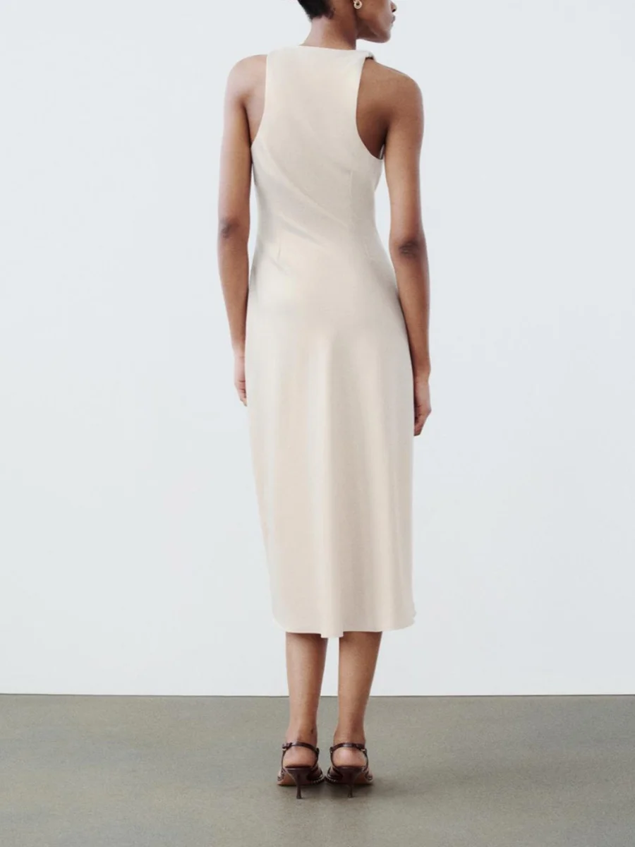 Letnia Nowa Damska Jedwabna Satynowa Długa Sukienka Midi z Wąskim Pasem Wyszczuplająca Okrągły Dekolt Inny 00% Materiał Midi Dr