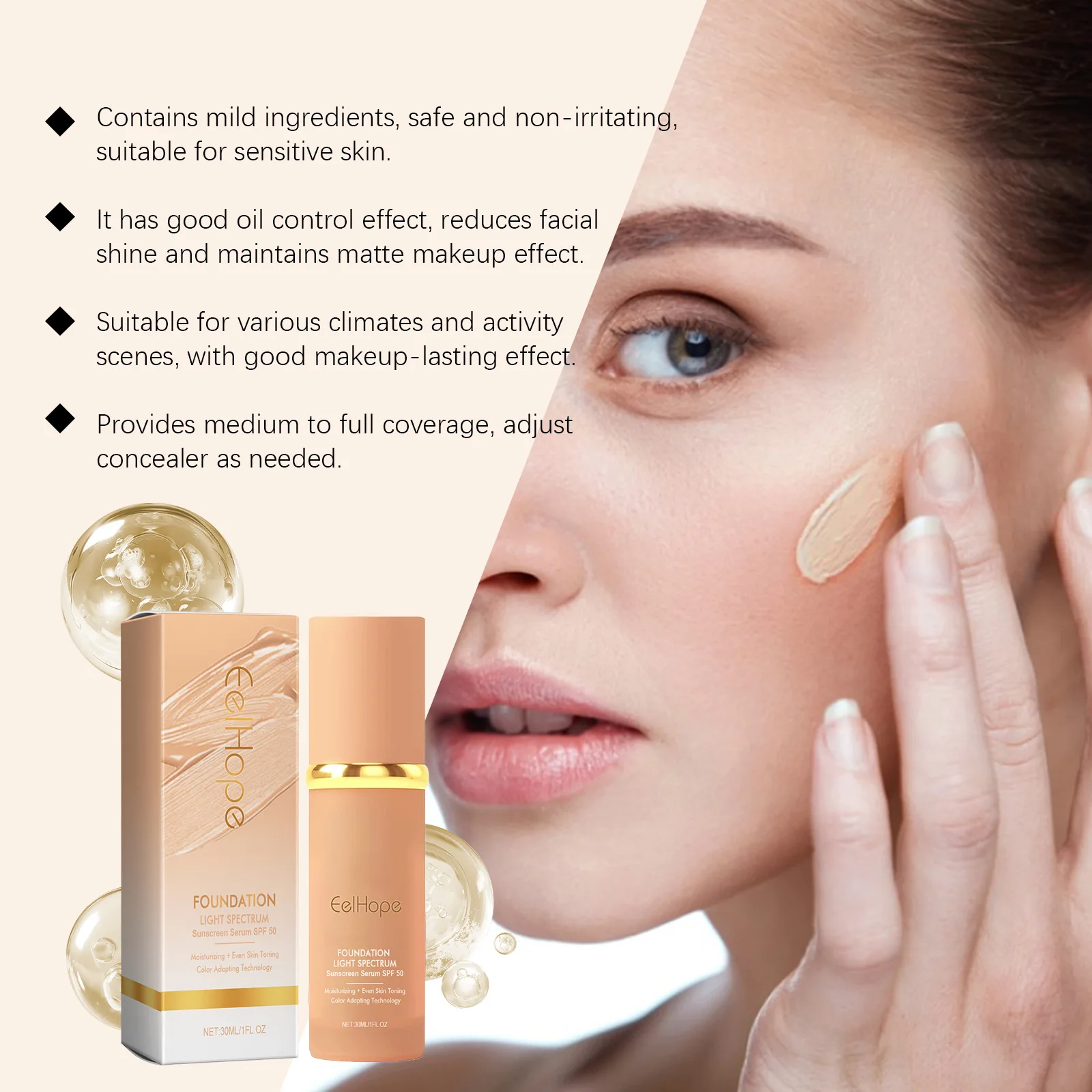 Fondotinta liquido 4 in 1 antietà correttore a copertura totale che cambia colore nudo SPF50 spettro di luce idratante trucco impermeabile