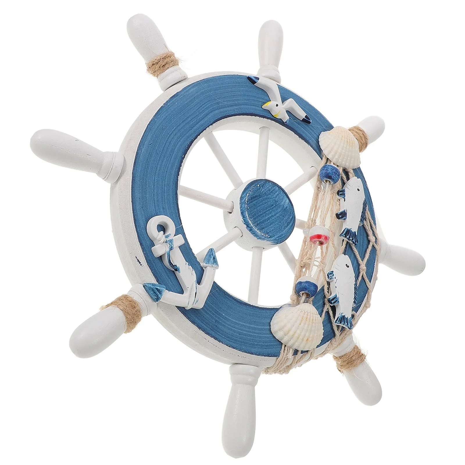 Wooden Ship Wheel Wall Decor Rudder Fishing Net Shells Rope Nautical Home Decoration Boat Steering Wheel Model