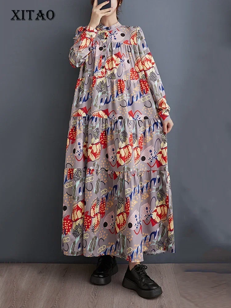 

XITAO Cartoon Print Dress Stand Collar Casual Fashion Long Sleeve Women Casual Simplicity New Long Style Shirt Dress DMJ3614