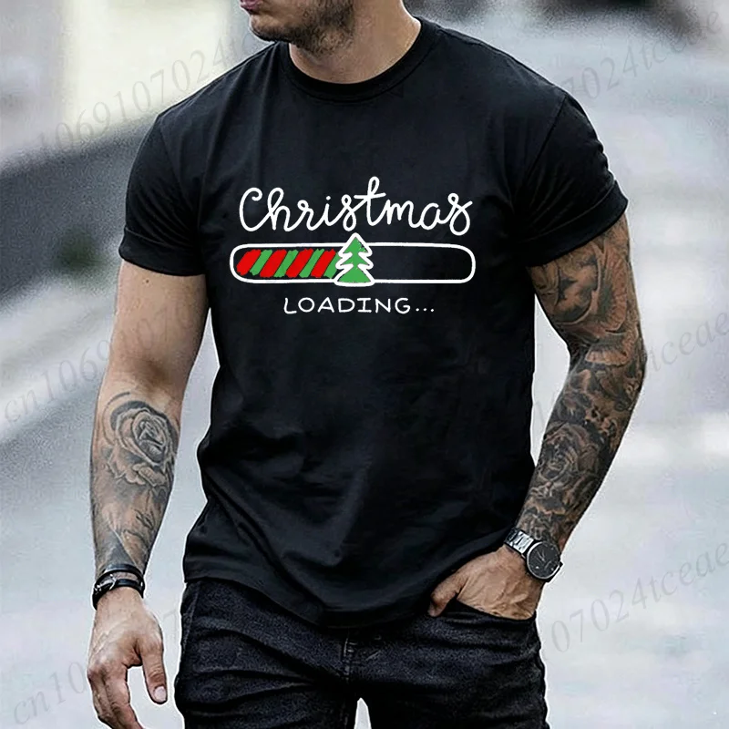 Christmas Loading Graphic Men Women T‑Shirt Xmas Tree Progress Bar Print Short Sleeve O‑neck Casual Loose Holiday Tops Tees