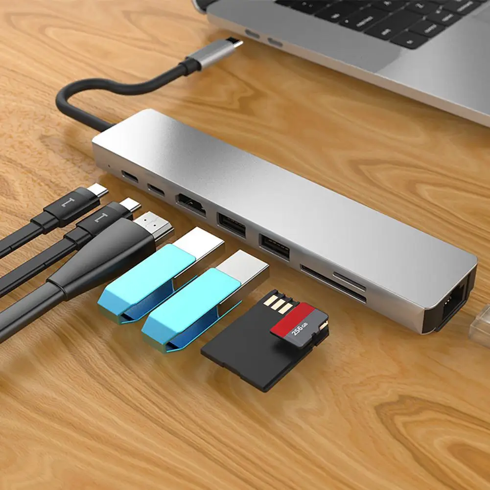 

8 in 1 USB 3.0 Hub For Laptop Adapter PC PD Charge 8 Ports Dock Station RJ45 HDMI-4K TF/SD Card For Macbook Type-C Splitter