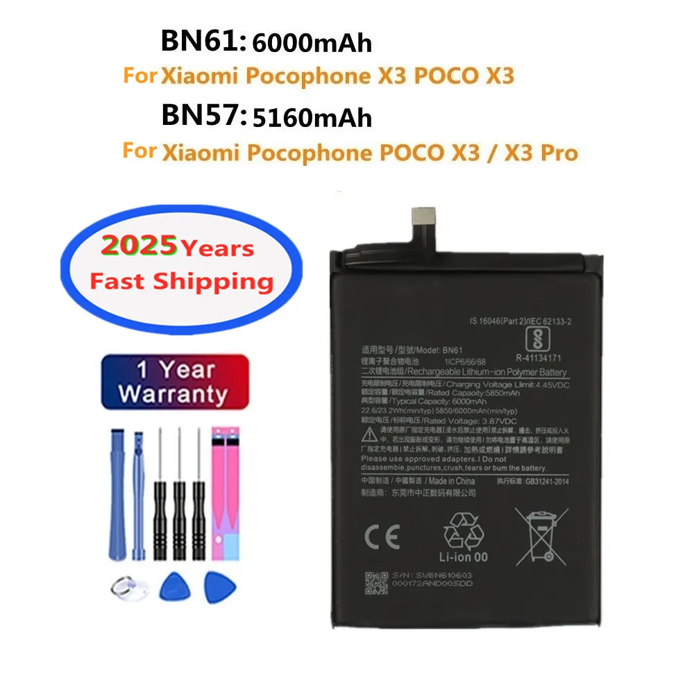 

2025 Years BN57 BN61 Battery For Xiaomi Pocophone X3 POCO X3 Pro NFC Phone Bateria Batteries In Stock + Free Tools