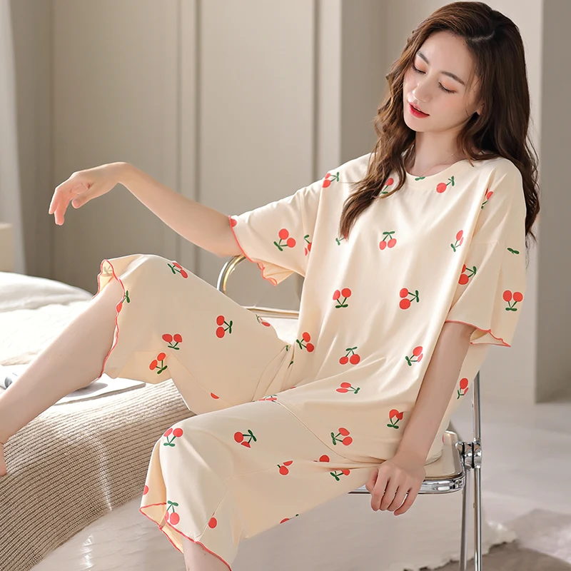 Conjuntos de Pijamas de Verão com Manga Curta em Modal, Pijamas Femininos Tamanhos Grandes M-5XL, Roupas Confortáveis para Casa