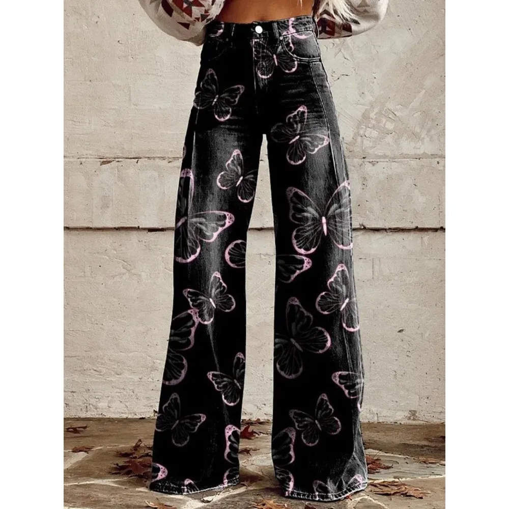 Schwarze Rosa Galaxy-Schmetterlings-Print Hose mit Hoher Taille und Weitem Bein aus Baumwolle Lässige Streetwear-Hose Hip-Hop-Punk-Hose für Konzerte – Detail 2
