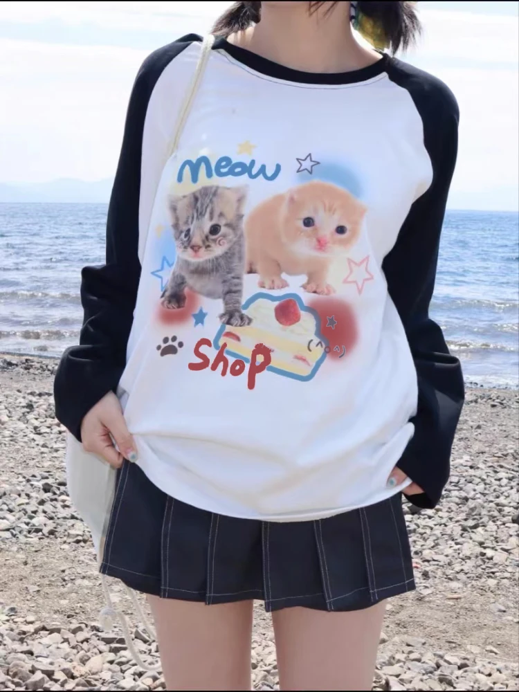 Kawaii Cat Print T-shirts Women Japan Style Kitten Raglan Sleeve Cute core Tops E-girl T-Shirt for Teen Girl Pullover Alt