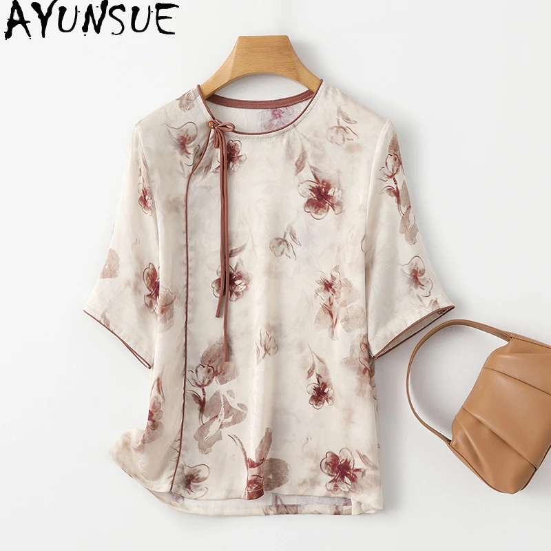 AYUNSUE 92% Genuine Mulberry Silk Women Retro New Chinese Style T Shirts 2024 Summer Woman Clothes Short Sleeved Women Tops