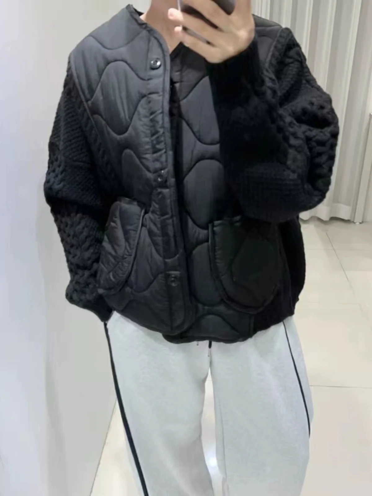 Jaqueta de Aodão Tricotada com Contraste de Cores para Mulheres, Ajuste Solto, Decote em V, Botão Único, Roupas de Aodão ...
