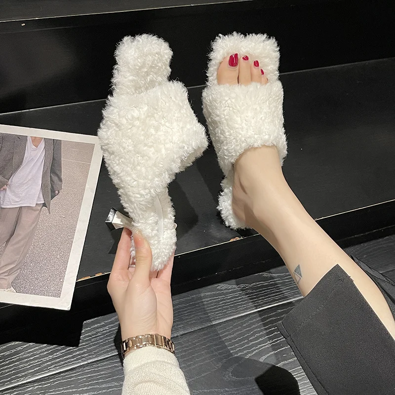 Designer Elegant Heeled Women's Slippers High Quality Faux Fur Ladies Shoes Homemade Fluffy Soft Comfortable Outdoor Slipper