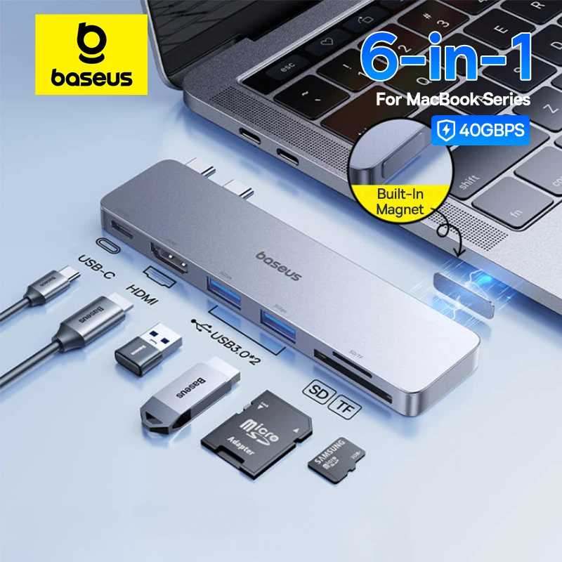 Baseus Dual USB-C Hub to HDMI-Compatible 4K 30Hz For Thunderbolt 3/4 40Gbps USB 3.0 Type C HUB SD TF For MacBook Pro Air USB Hub