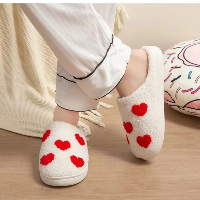 SHAJI Unisex Fluffy Cotton Slippers for Couples Valentine's Day Gift Autumn Winter Soft TPR Anti-Slip Household Slippers