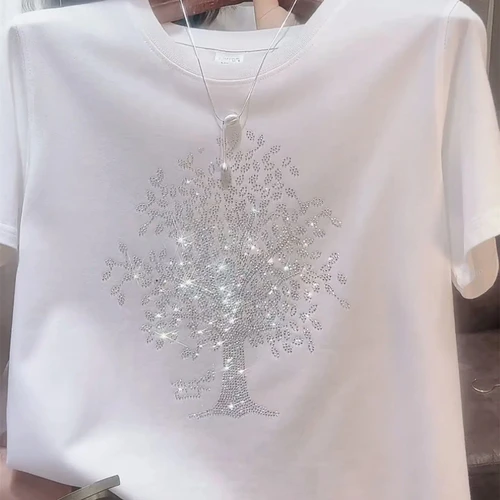 2025 Camisetas con estampado de diamantes y cuello redondo para mujer, novedad de verano, camisetas informales de manga corta holgadas de algodón liso a la moda para ir al trabajo