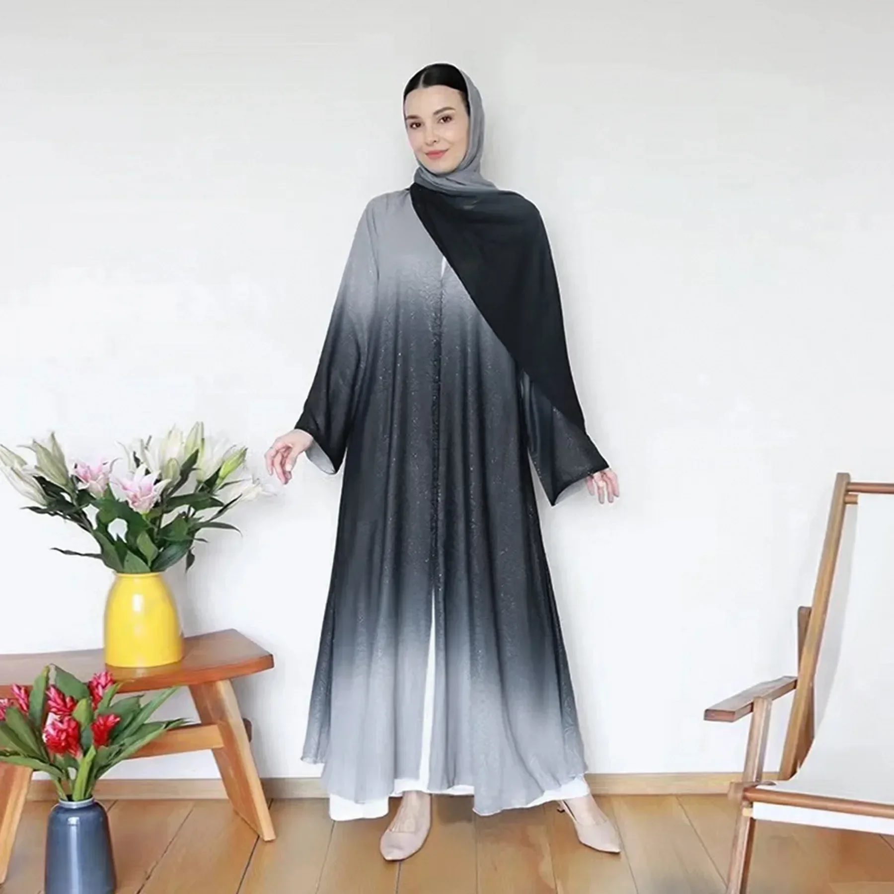 Ombre Gradient Glitter Chiffon Open Abaya Dress with Matching Hijab Islamic Clothing for Muslim Women Abayas Dubai Luxury Kimono