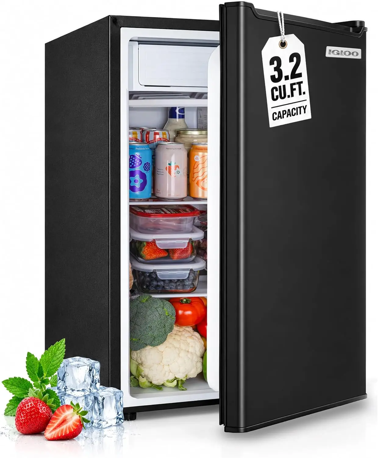 3.2 Cu. Ft. Compact Mini Fridge with Freezer, Small Refrigerator Featuring Glass Shelves and Temperature Control, Ideal for Home, Dorm, and Office, Black
