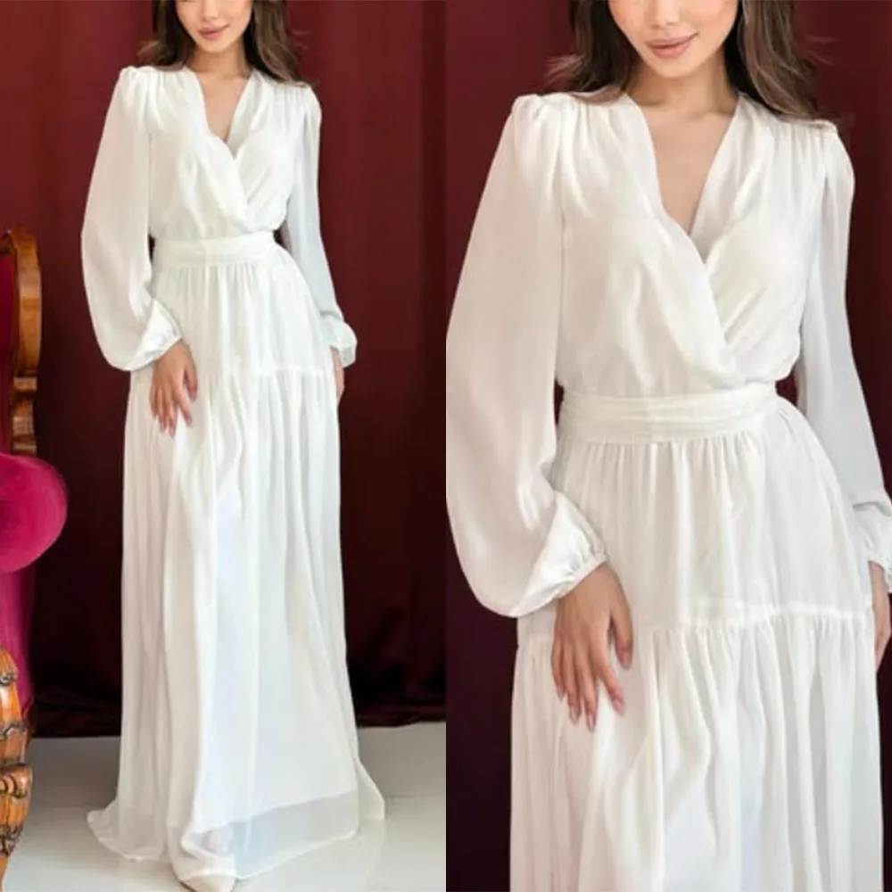 High Quality Customized V-neck Full Sleeves White Long Dress Floor Length Serene Hill Evening Dresses فساتين زميرمان Abendkleid